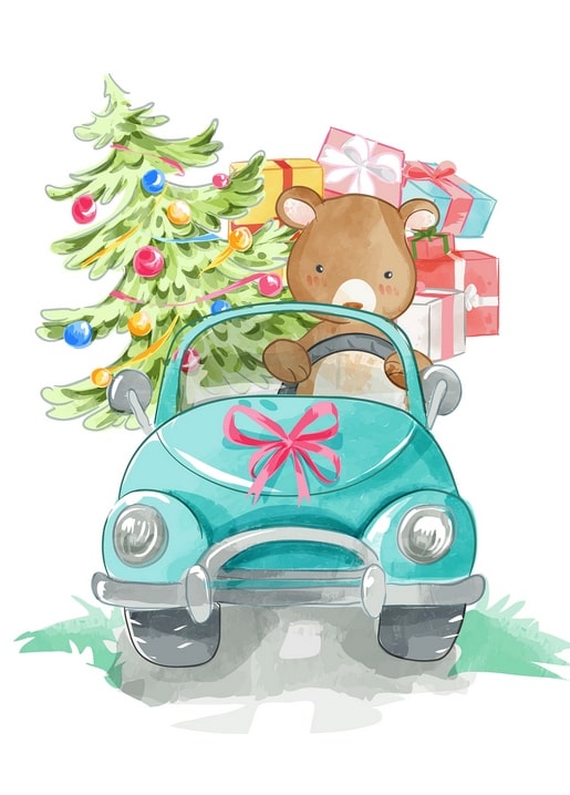 Watercolor bear driving a teal car piled with a Christmas tree and pink-ribboned gifts