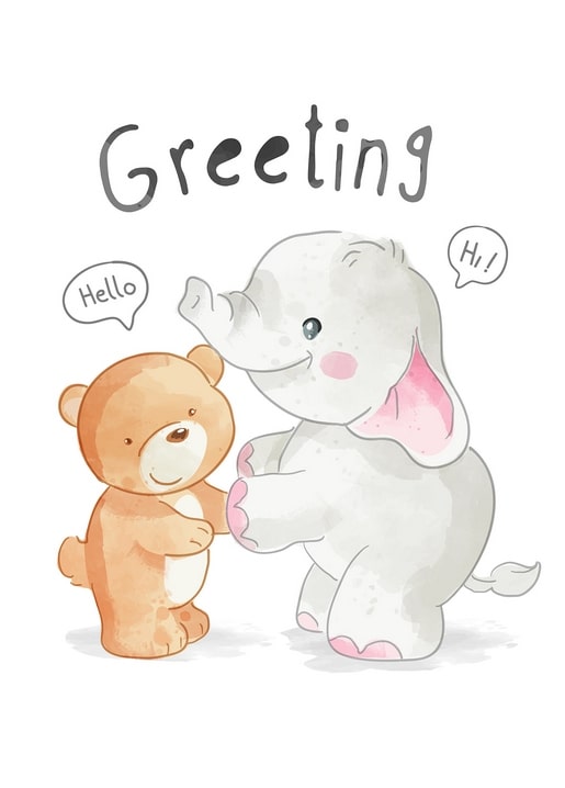 Small bear and grey elephant waving hello to each other on a white background