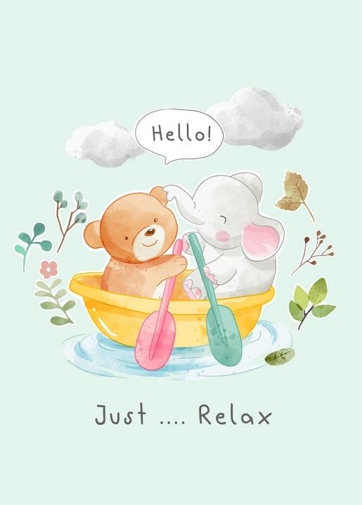 Aquarell-Bär und -Elefant paddeln in gelber Wanne zwischen Blättern und Blüten