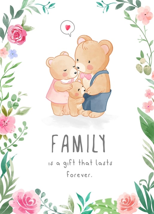 Watercolor bear family hugging inside a frame of pink roses and green leaves