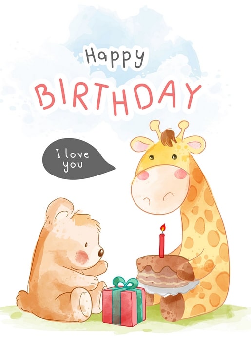 Watercolor postcard of a bear cub and giraffe sharing a birthday cake and a wrapped gift.