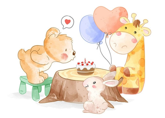 Aquarellillustration von Bärenjunges, Giraffe und Häschen mit Geburtstagstorte und Luftballons