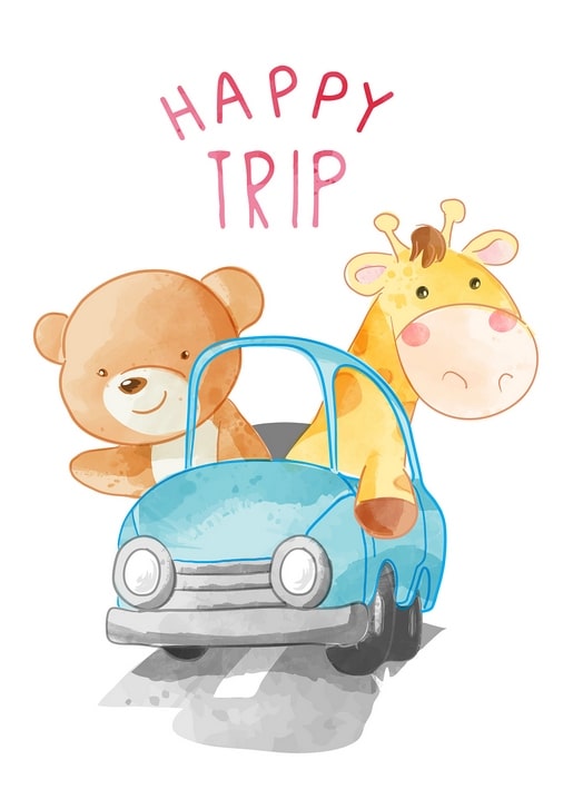 Watercolor bear and giraffe riding together in a blue car, ‘Happy Trip’ postcard