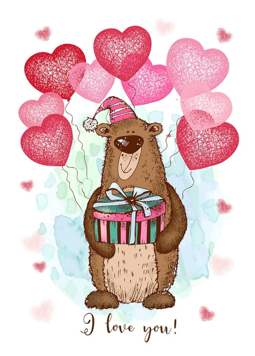 Brown bear in a pom-pom hat holding a gift box under red and pink heart balloons