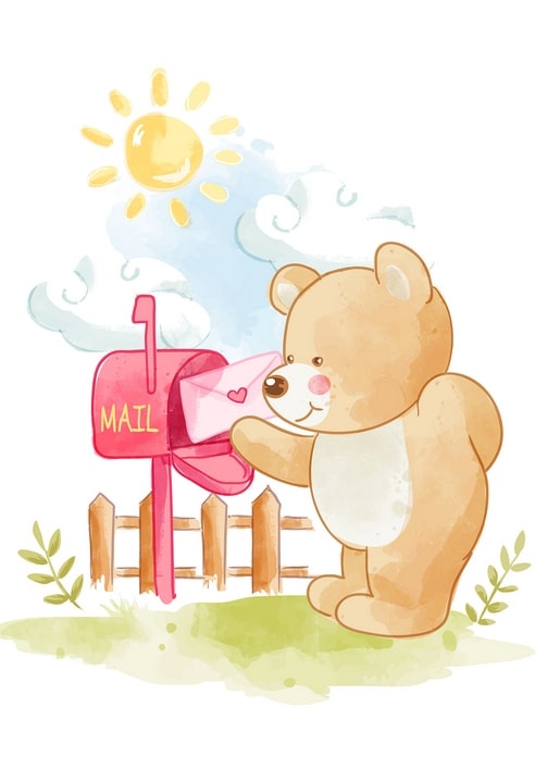 Watercolor teddy bear putting a heart-shaped envelope into a red mailbox