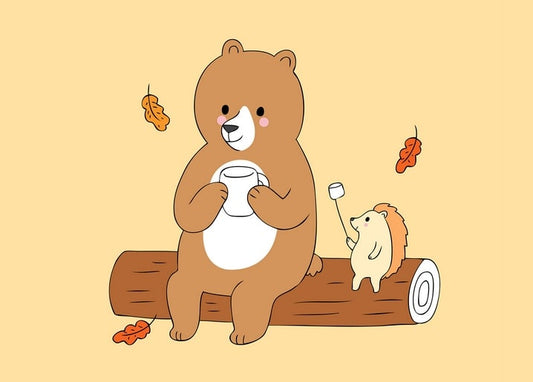 Bear with a mug sitting on a log next to a hedgehog roasting a marshmallow