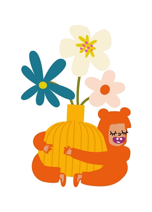 Orange bear hugging a yellow vase with teal, cream, and pink flowers