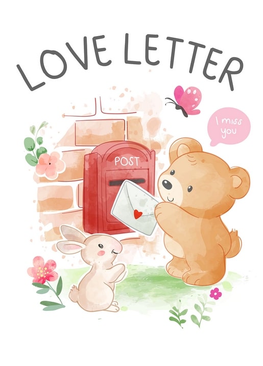 Aquarell-Bär wirft einen Herzbrief in einen roten Briefkasten, daneben Hase und Schmetterling