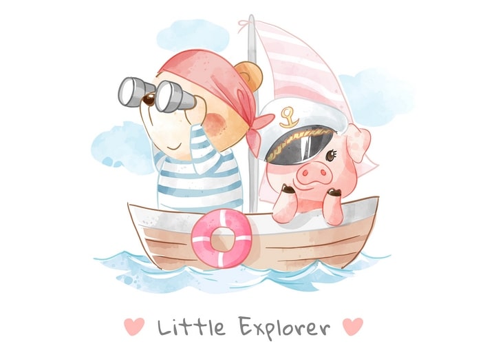 Aquarell-Bär mit Fernglas und Kapitän-Schwein segeln im Holzboot