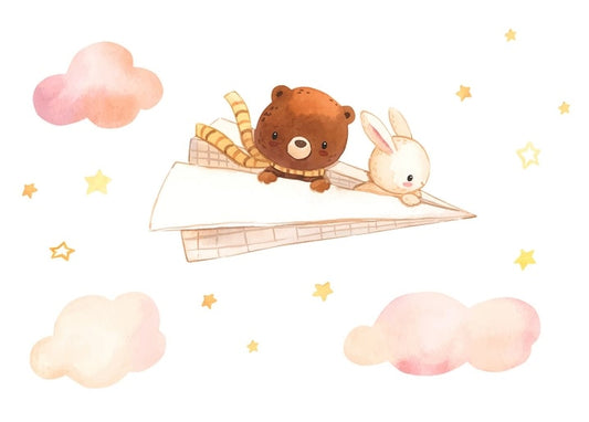 Watercolor bear and rabbit flying on a paper airplane through a pink starry sky