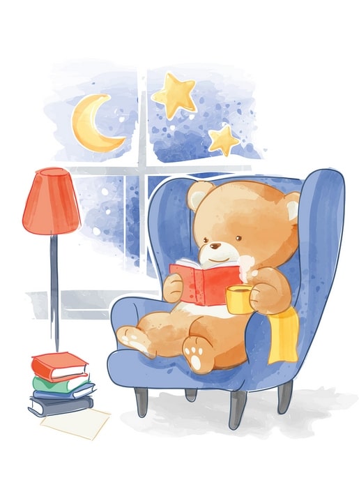 Watercolor bear reading with tea in a blue armchair beside a lamp and stack of books