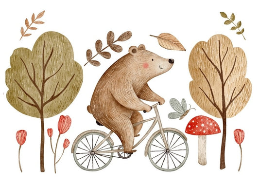 Watercolor bear riding a bicycle through an autumn forest with a mushroom and dragonfly