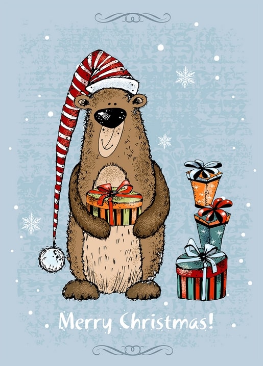 Illustrierter brauner Bär in Nikolausmütze hält ein Geschenk neben einem Stapel Päckchen