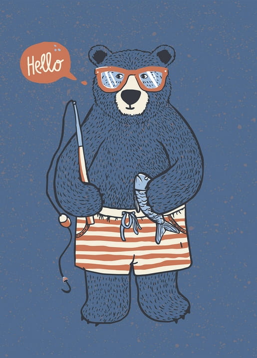 Illustration eines Bären mit Sonnenbrille und Badehose, der eine Angelrute und einen Fisch hält