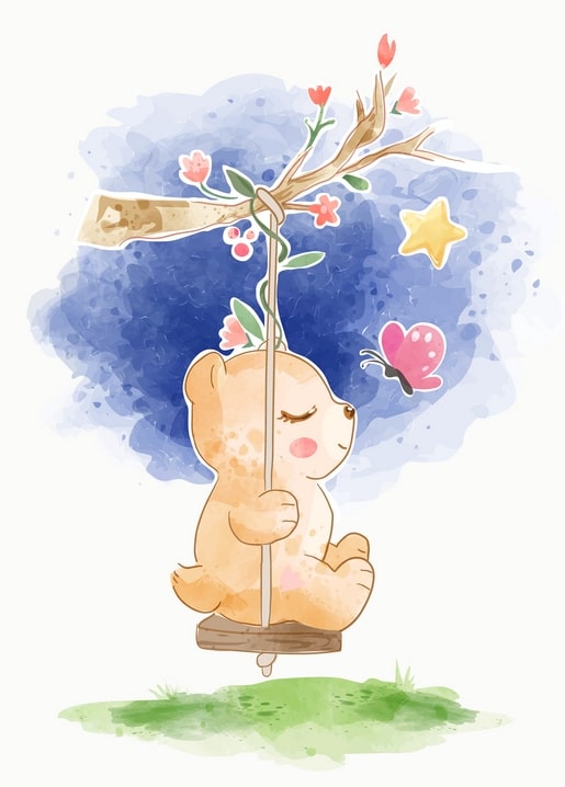 Watercolor bear on a swing under a starry night sky with a pink butterfly