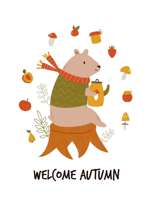Illustrated bear in a scarf holding a teapot on a tree stump, surrounded by mushrooms and honey