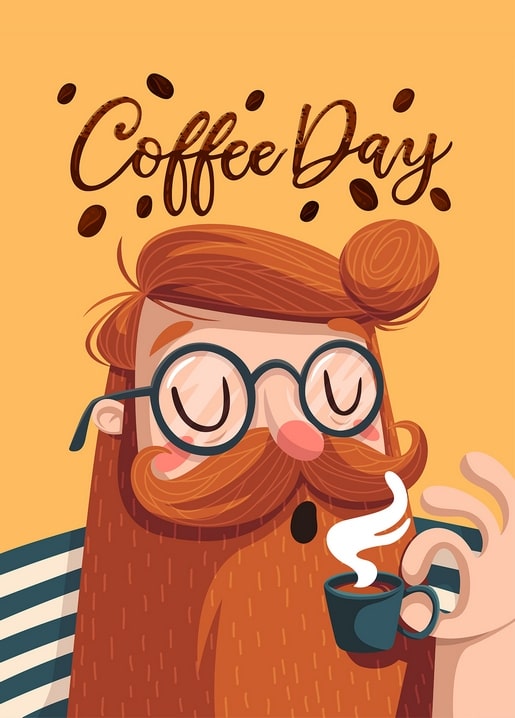 Illustration of a bearded man with a bun drinking coffee under 'Coffee Day' lettering