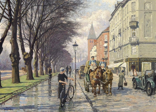 Gemälde eines Pferdefuhrwerks mit Bierfässern auf der regennassen Jagtvej in Kopenhagen