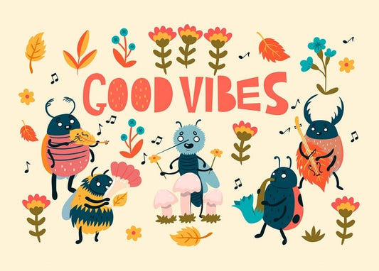 Illustrated beetles and bugs playing violin and guitar under 'Good Vibes' lettering