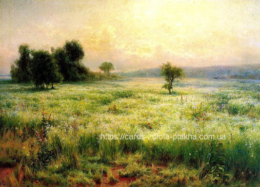 Golden sunrise light over a wildflower meadow with scattered trees and morning mist