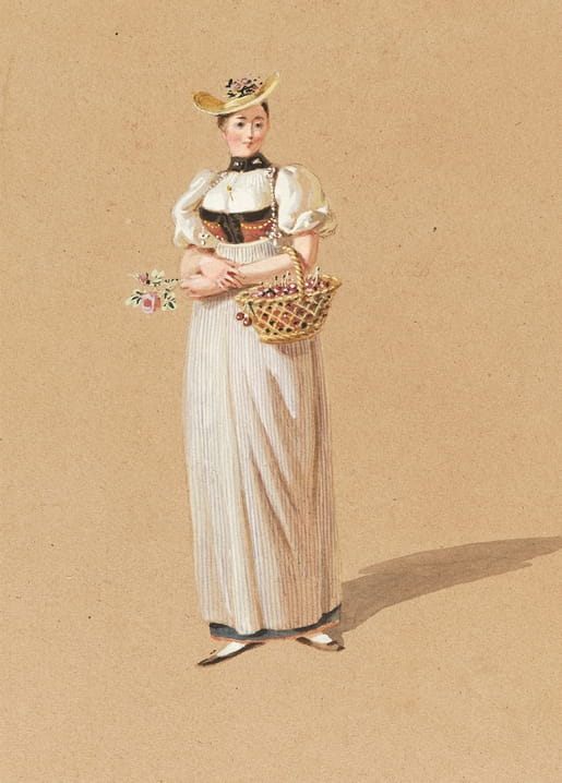 Costume illustration of a young Bernese woman in a flowered straw hat with a basket of cherries, by Franz Niklaus König.
