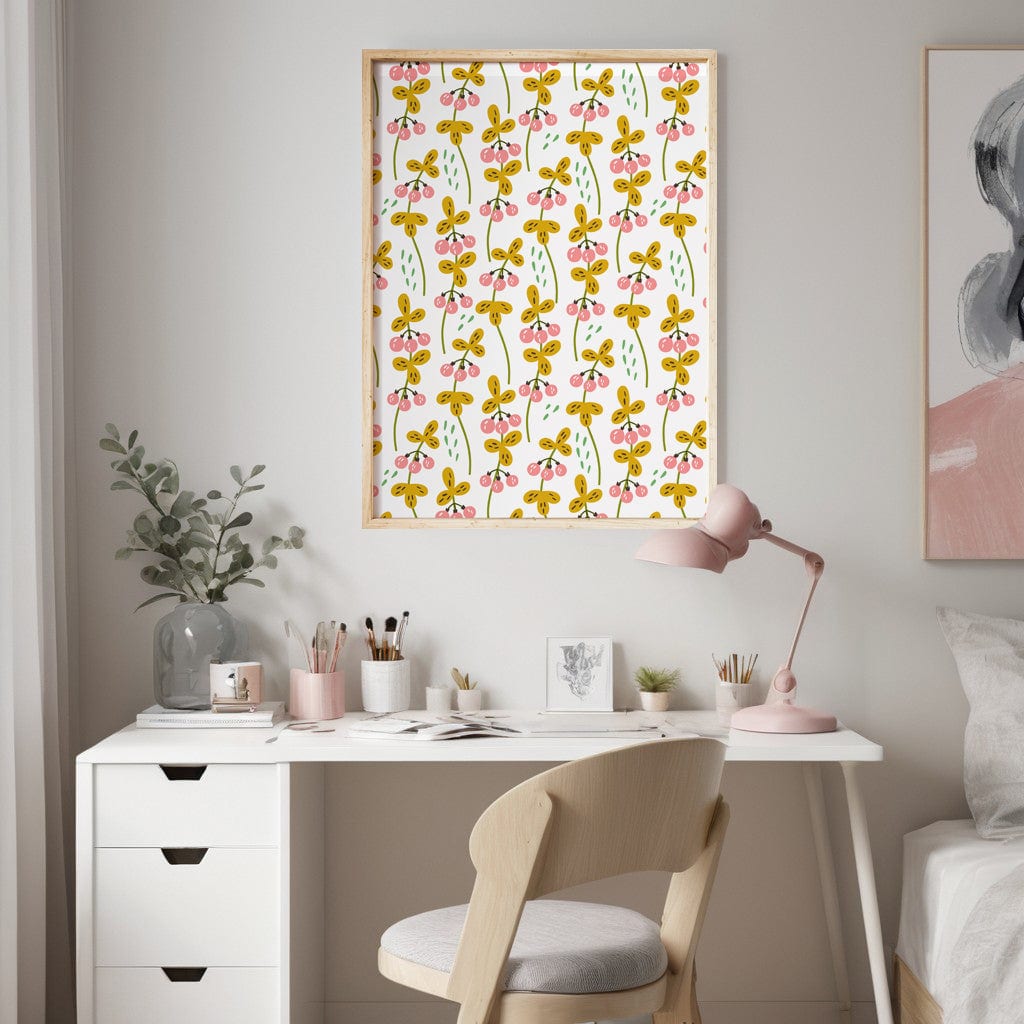 Berry pattern poster framed above a white desk with a pink desk lamp
