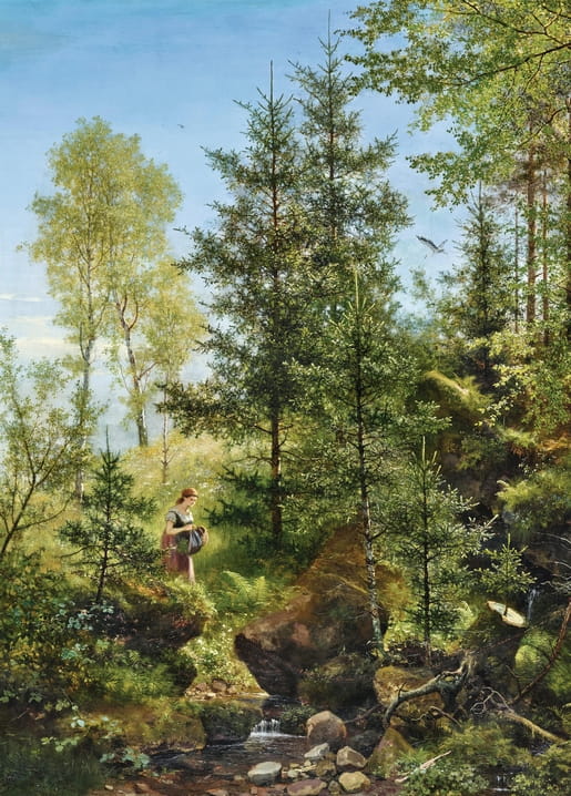 Painting by Eduard Leonhardi of a woman gathering berries by a forest brook as a stork flies between tall pines