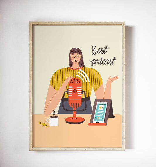 ‘Best podcast’ illustration poster of a woman with a red microphone in a wood frame