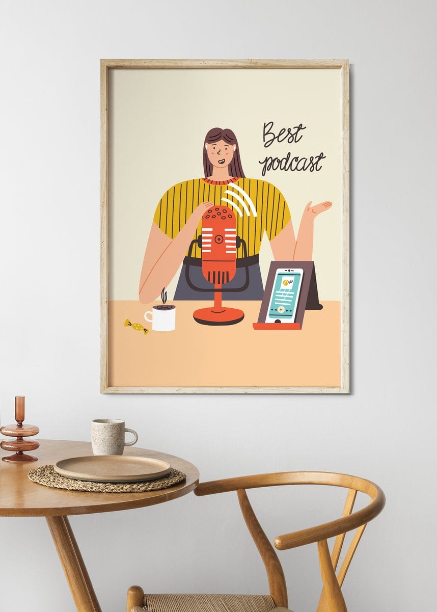 ‘Best podcast’ poster displayed above a round wooden table with a mug and plate