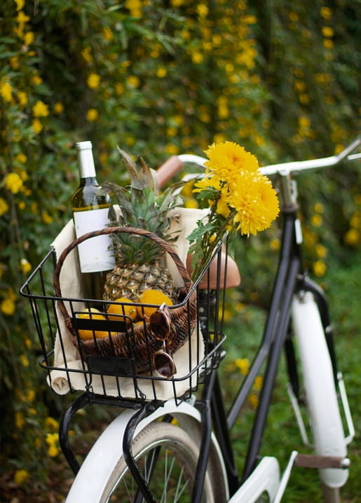 Bicycle basket filled with wine, pineapple, oranges, and yellow flowers by a blooming hedge