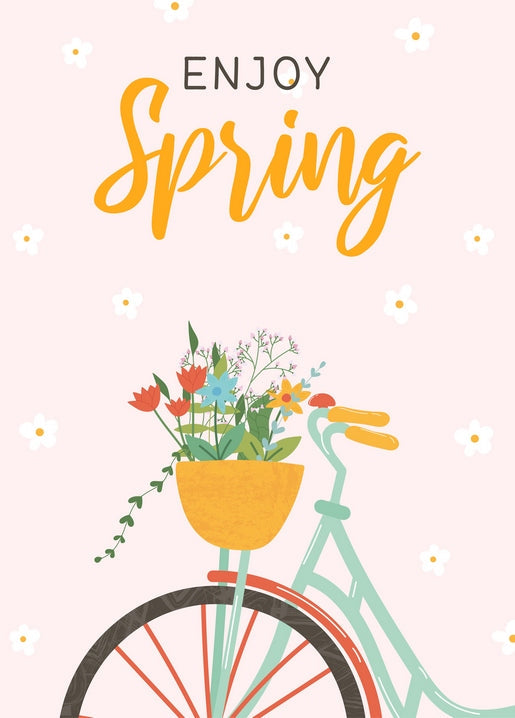 Ілюстрована листівка: велосипед із кошиком квітів та написом «Enjoy Spring»