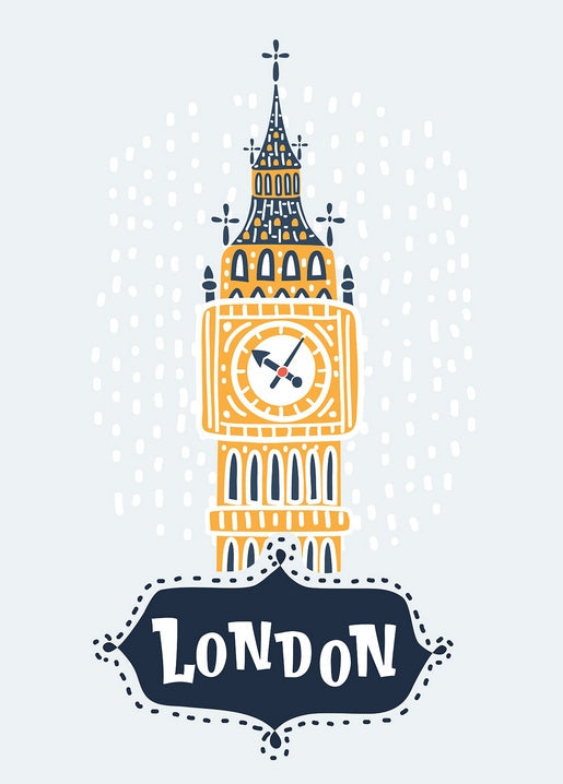 Handgezeichnete Illustration von Big Ben in Gelb mit einem „London“-Schild