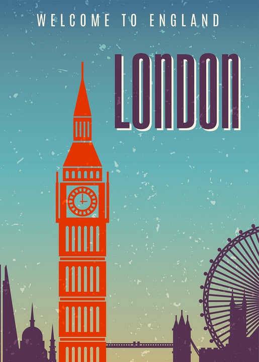 Retro-Postkarte mit Big Ben in Orange vor türkisfarbener London-Skyline