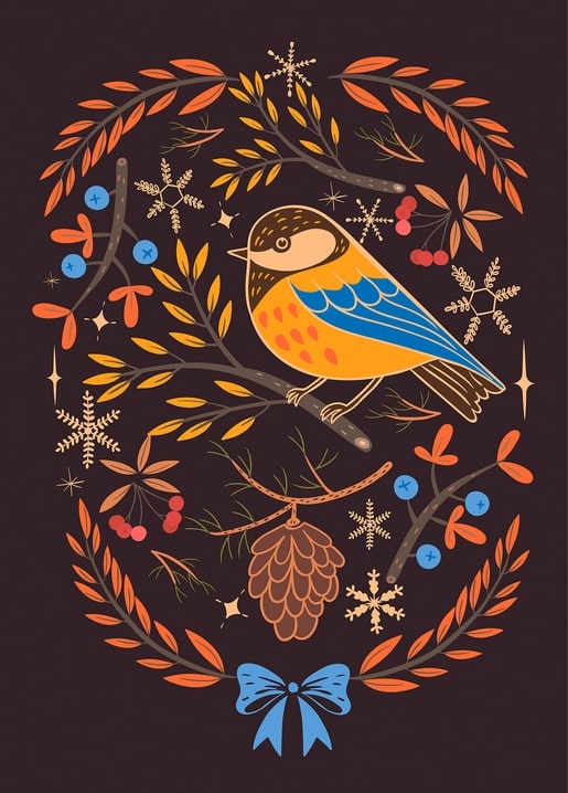 Stilisierter Vogel mit oranger Brust im Kranz aus Herbstlaub, Beeren und Schneeflocken