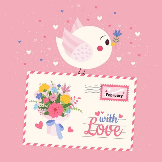 White bird delivering a love letter envelope with a bouquet and hearts on pink