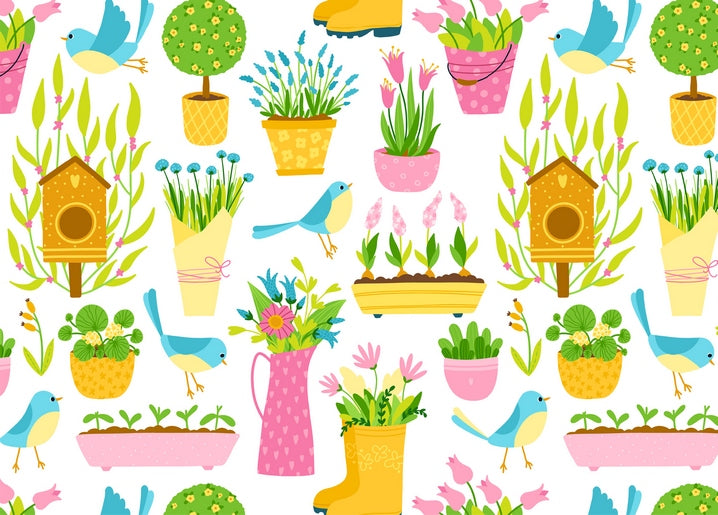 Візерунок зі шпаківнями, вазонами тюльпанів і блакитними пташками навесні