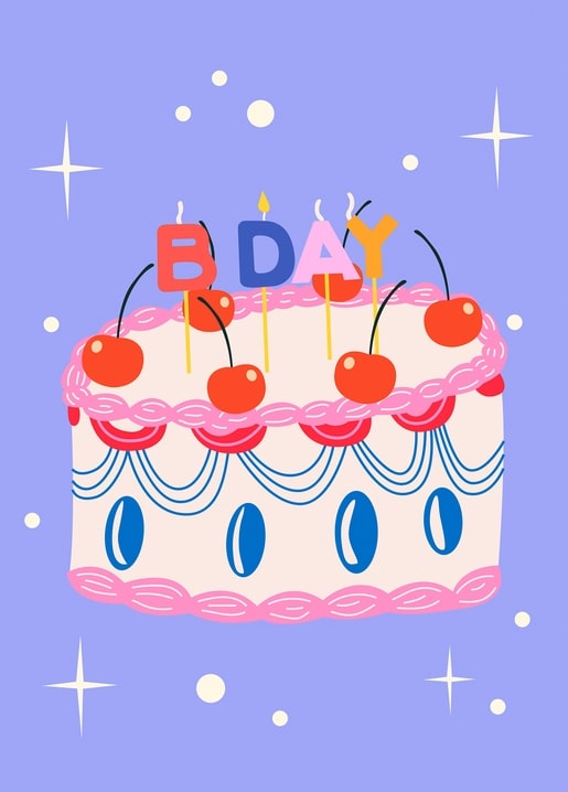 Pastel illustration of a birthday cake with cherries and candles spelling 'B-Day' against a starry lilac sky.