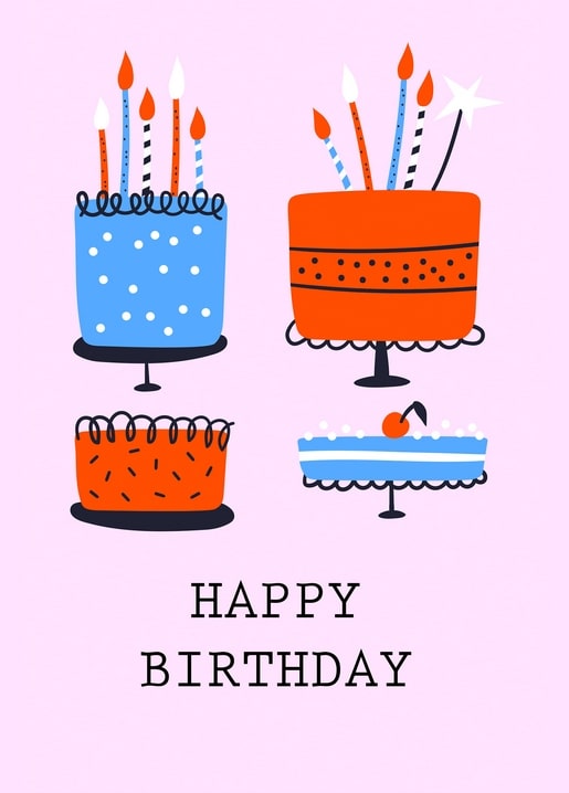 Чотири торти зі свічками на рожевому тлі, напис «Happy Birthday»