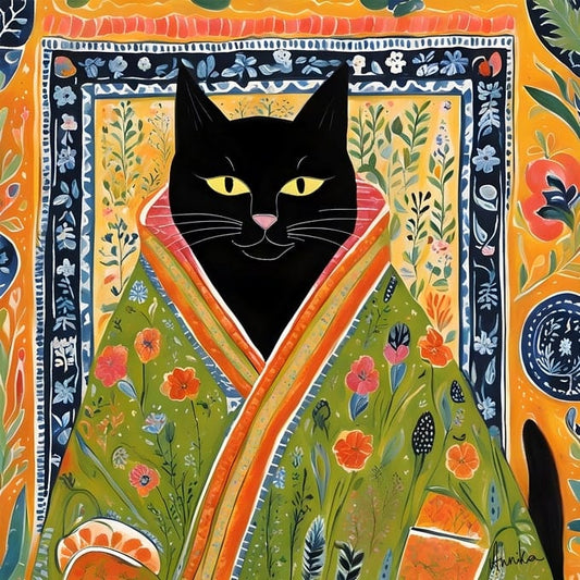 Illustrated black cat with yellow eyes wrapped in a green-orange floral kimono on patterned backdrop.