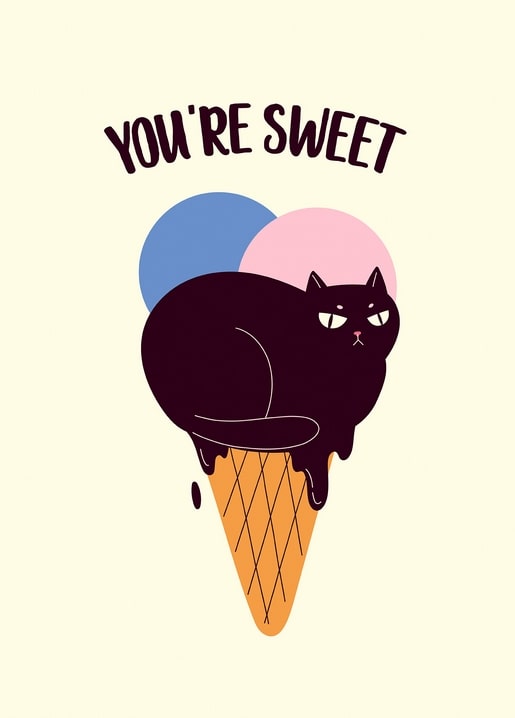 Чорний кіт лежить на ріжку морозива з написом «You're sweet»