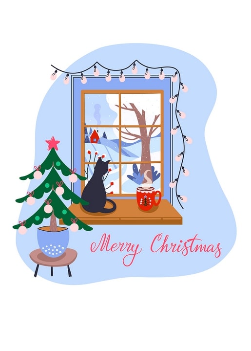 Schwarze Katze am Fenster beobachtet Schneefall neben Mini-Weihnachtsbaum und Kakaotasse