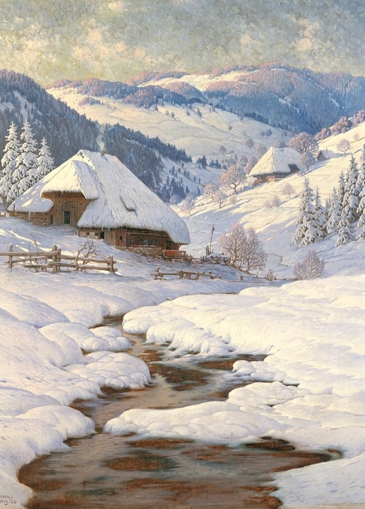 Winter landscape painting by Karl Hauptmann of snow-covered Black Forest farmhouses by a stream