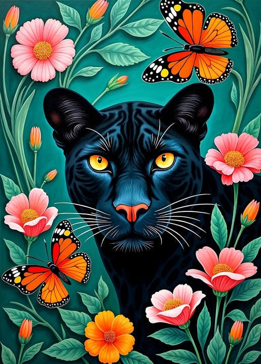 Porträt eines schwarzen Panthers mit goldenen Augen zwischen rosa Blüten