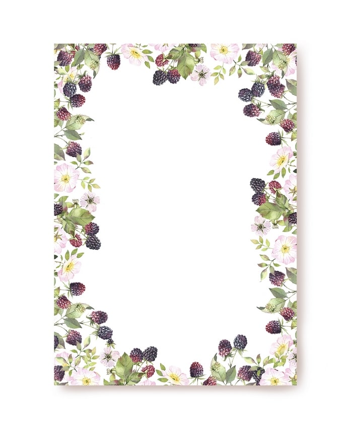 Border of ripe blackberries, wild rose blossoms and green leaves framing a blank sheet of writing paper
