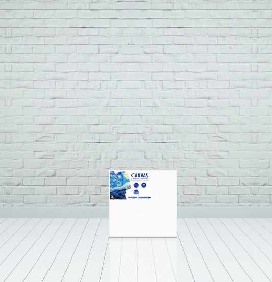 Small blank square painting canvas, 15×15 cm, standing on a wooden floor