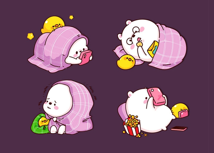 Kawaii bear wrapped in a purple blanket with a duckling in four cozy poses
