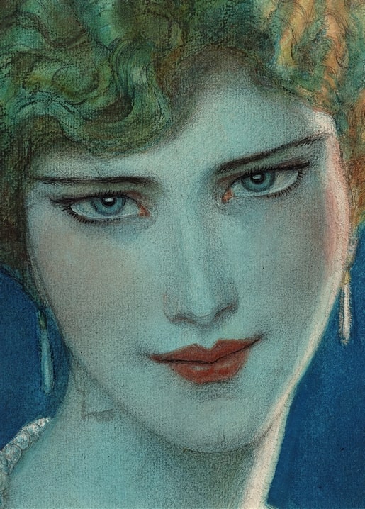 Pastel portrait of a girl with teal curls and dangling earrings by W. T. Benda