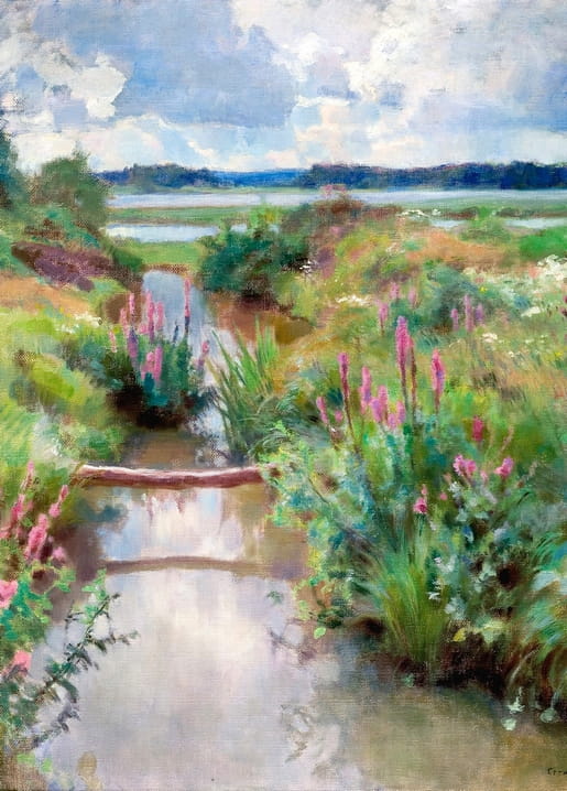 Landscape painting of a flowering creek lined with loosestrife and a log footbridge by a lake, by Eero Järnefelt.