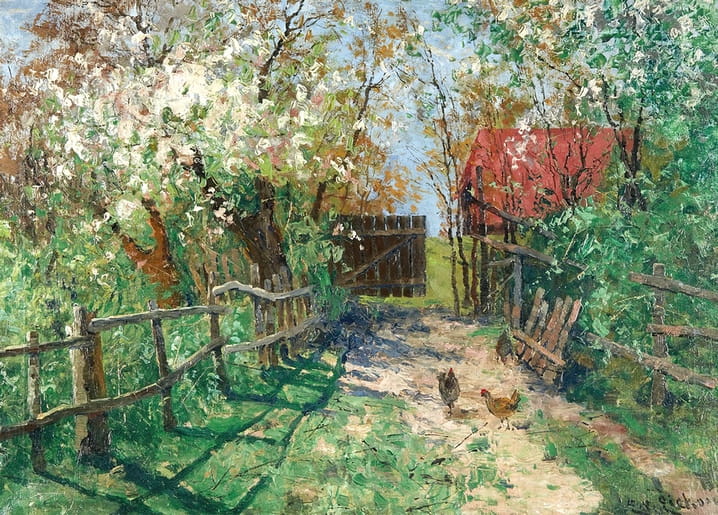 Painting of blossoming trees over a farm path with two chickens near a red-roofed barn