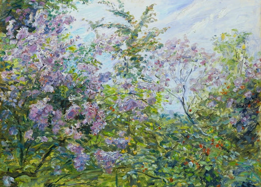 Close-up of blooming lavender lilac clusters in loose impressionist brushstrokes